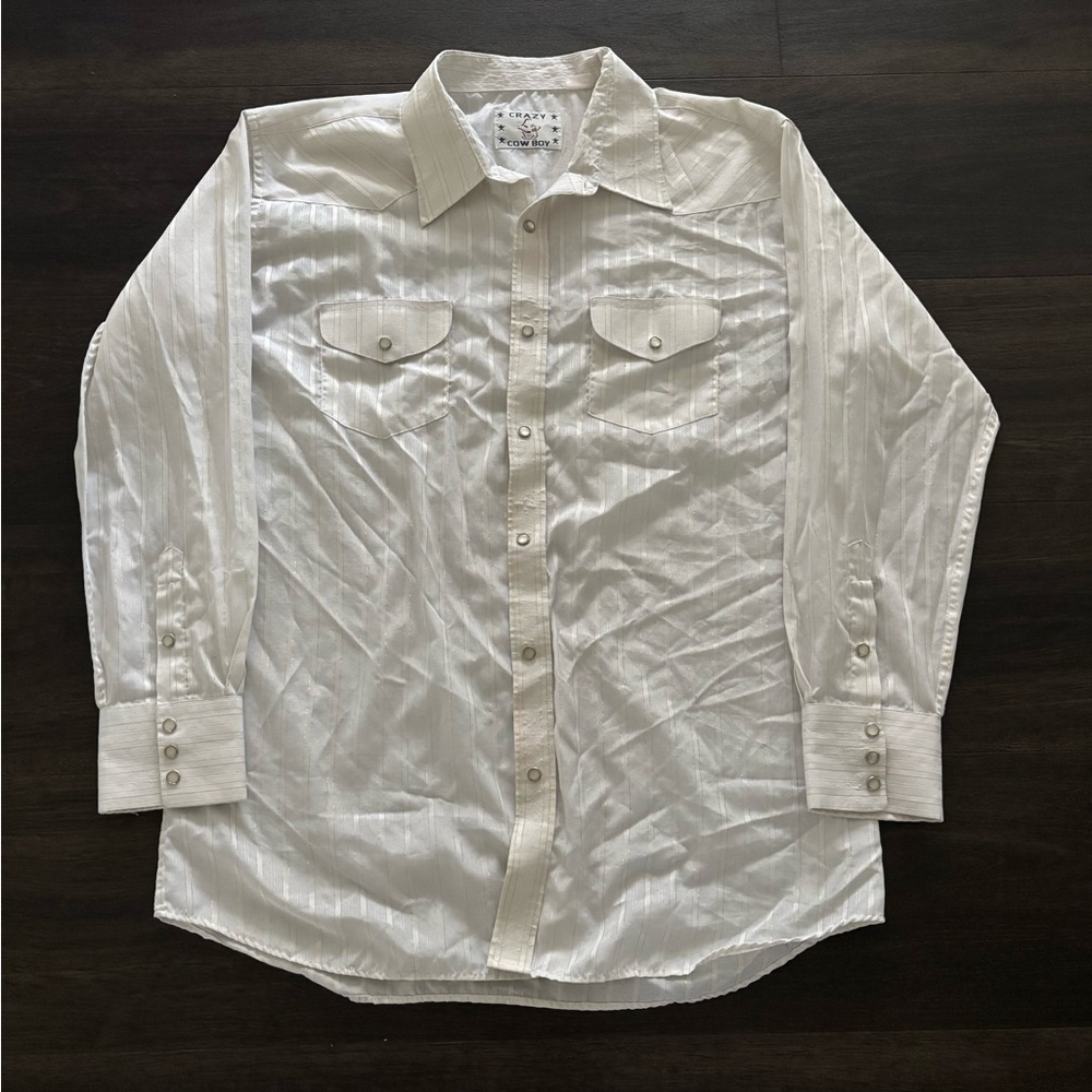 Vtg Crazy Cowboy Western Shirt White Dobby Stripe Pearl Snap Wedding